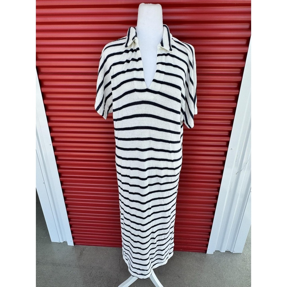 Pomander Place Sweater Dress Womens XS/S White Stripe Collared Maxi Knit